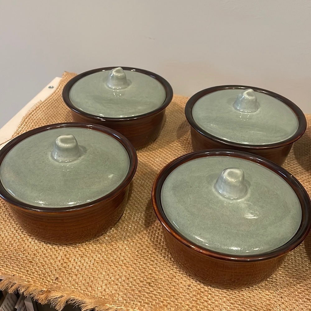 Retro brown & country blue small bowls with lids set of 6